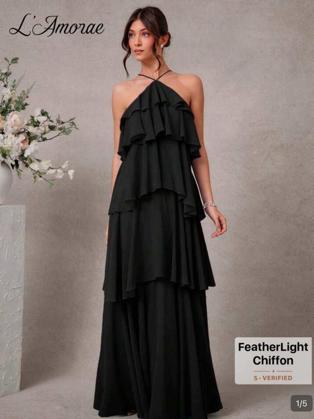 SHEIN Black Tiered Halter Ruffle Maxi Dress